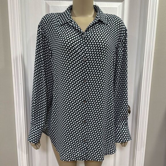 THEORY GEO PRINT BOYFRIEND SHIRT. SAPPHIRE MULTI ( GREY AND BLUE) - Picture 3 of 9